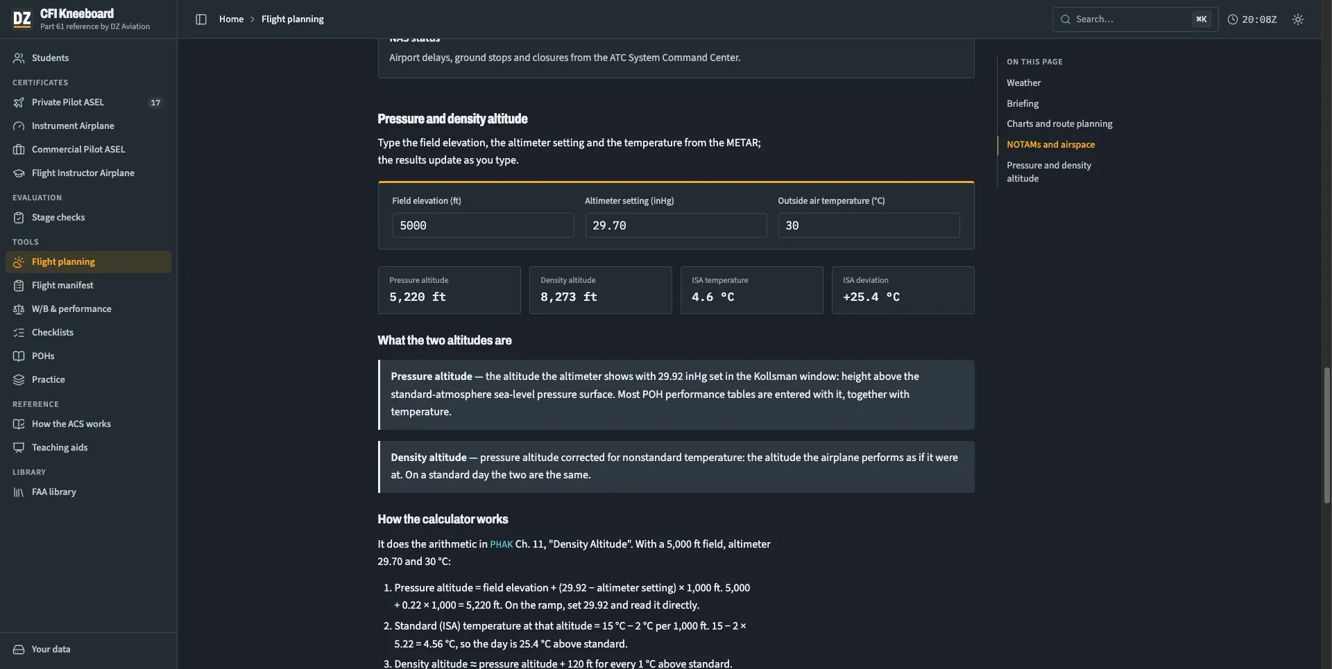 The flight planning page's pressure and density altitude calculator: a 5,000 ft field, altimeter 29.70 and 30 °C give a density altitude of 8,273 ft