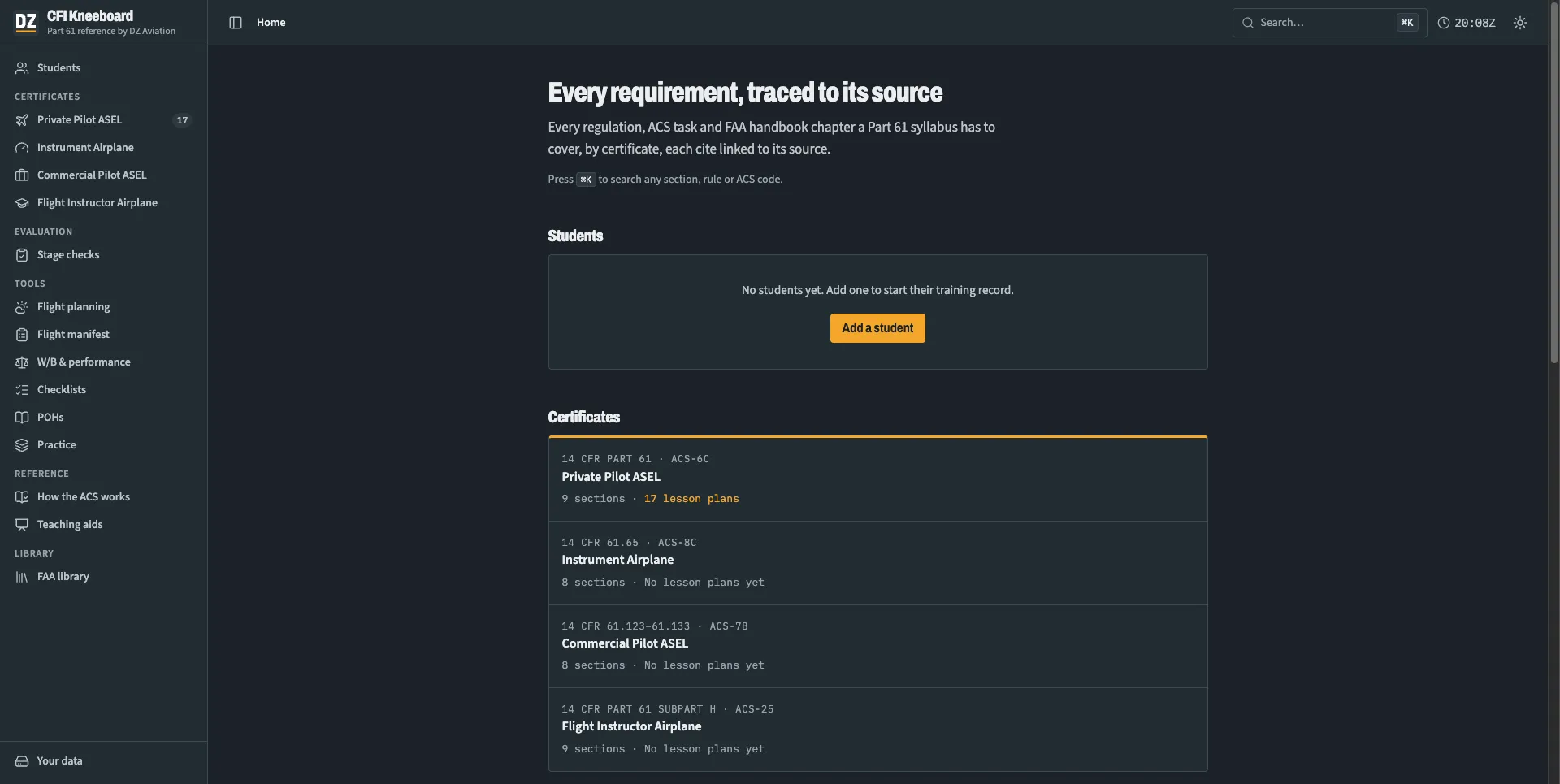 CFI Kneeboard home page: the heading Every requirement, traced to its source, an empty Students panel, and the four certificates with their regulations and ACS codes